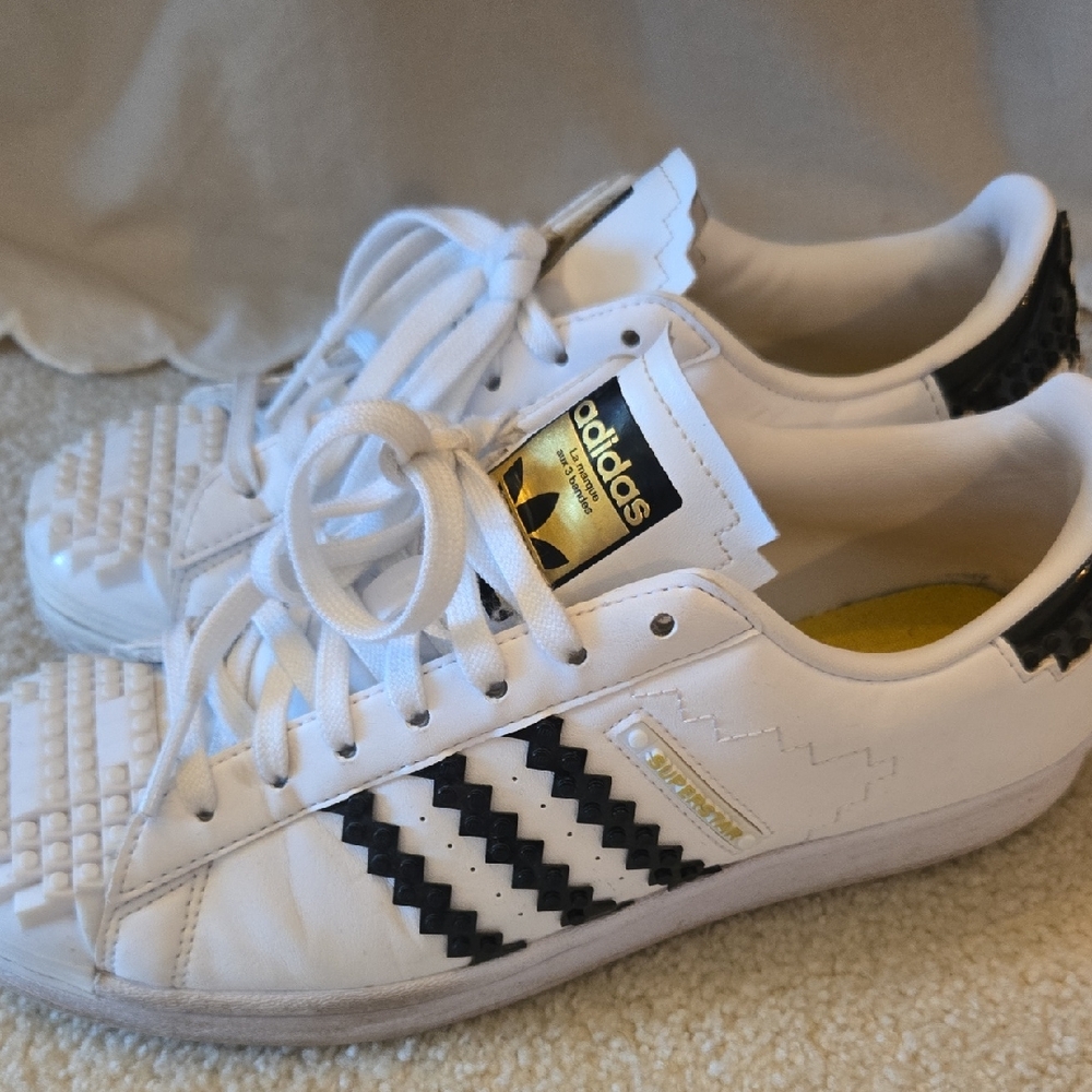 Adidas Superstar LEGO White Sneakers with Black and Gold Accents